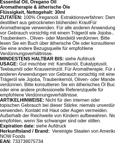 Produktetikett — Essential Oil, Oregano Oil - 30 ml. (PB 72367)