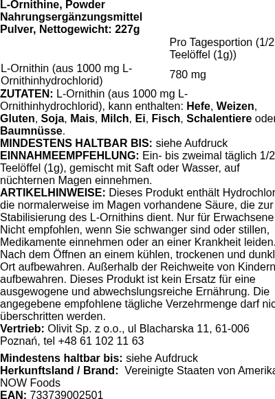 Produktetikett — L-Ornithine, Powder - 227g (PB 73239)