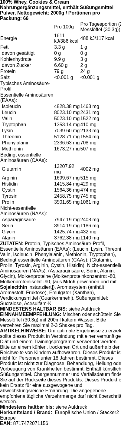 Produktetikett — 100% Whey, Cookies & Cream - 2000g (PB 109955)