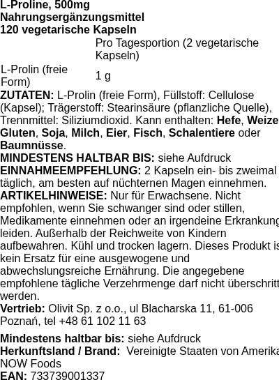 Produktetikett — L-Proline, 500mg - 120 vcaps (PB 10485)