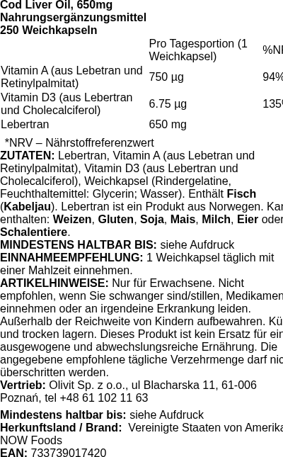 Produktetikett — Cod Liver Oil, 650mg - 250 softgels (PB 71508)