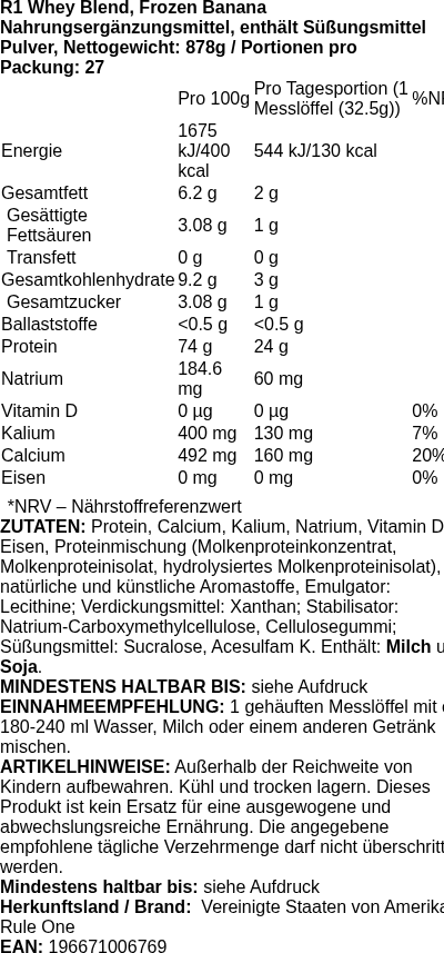 Produktetikett — R1 Whey Blend, Frozen Banana - 878g (PB 113999)