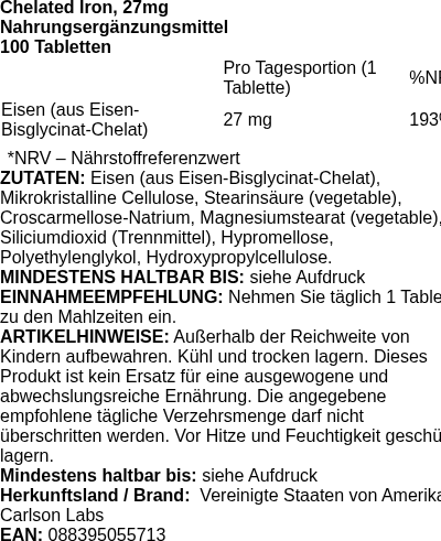 Produktetikett — Chelated Iron, 27mg - 100 tablets (PB 100880)