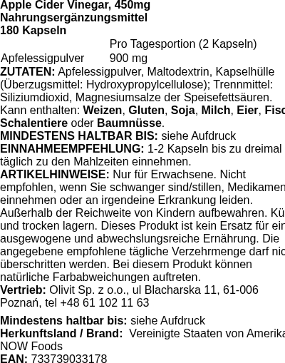 Produktetikett — Apple Cider Vinegar, 450mg - 180 vcaps (PB 10365)