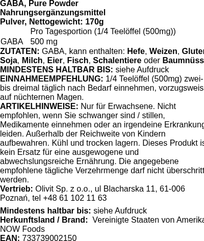 Produktetikett — GABA, Pure Powder - 170g (PB 82126)