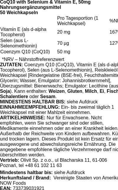 Produktetikett — CoQ10 with Selenium & Vitamin E, 50mg - 50 softgels (PB 82171)