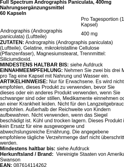 Produktetikett — Full Spectrum Andrographis Paniculata, 400mg - 60 caps (PB 86734)