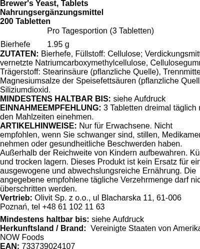 Produktetikett — Brewer's Yeast, Tablets - 200 tablets (PB 8293)