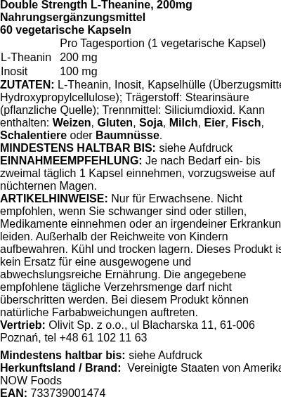 Produktetikett — Double Strength L-Theanine, 200mg - 60 vcaps (PB 72752)