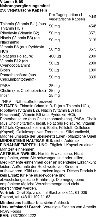 Produktetikett — Vitamin B-50 - 250 vcaps (PB 71224)