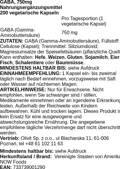 Produktetikett — GABA, 750mg - 200 vcaps (PB 91903)