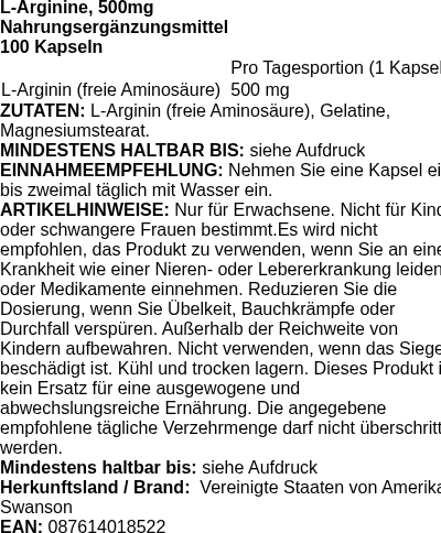 Produktetikett — L-Arginine, 500mg - 100 caps (PB 84448)