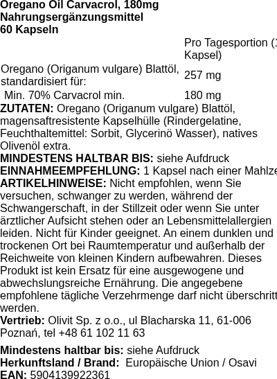 Produktetikett — Oregano Oil Carvacrol, 180mg - 60 enteric caps (PB 112166)