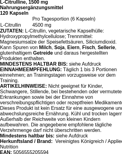 Produktetikett — L-Citrulline, 1500mg - 120 caps (PB 123474)