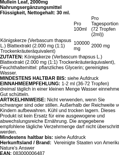 Produktetikett — Mullein Leaf, 2000mg - 30 ml. (PB 121196)