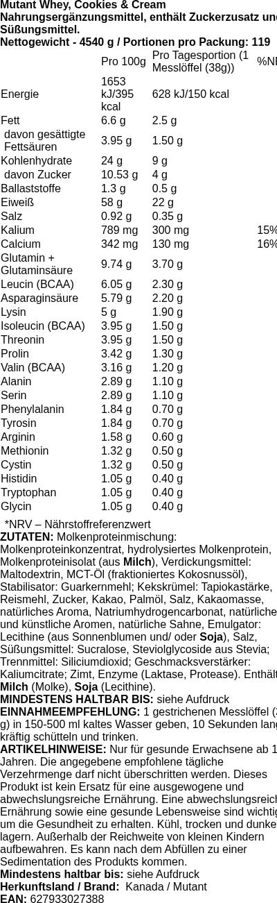 Produktetikett — Mutant Whey, Cookies & Cream - 4540g (PB 81286)