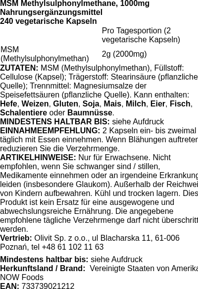Produktetikett — MSM Methylsulphonylmethane, 1000mg - 240 vcaps (PB 72301)