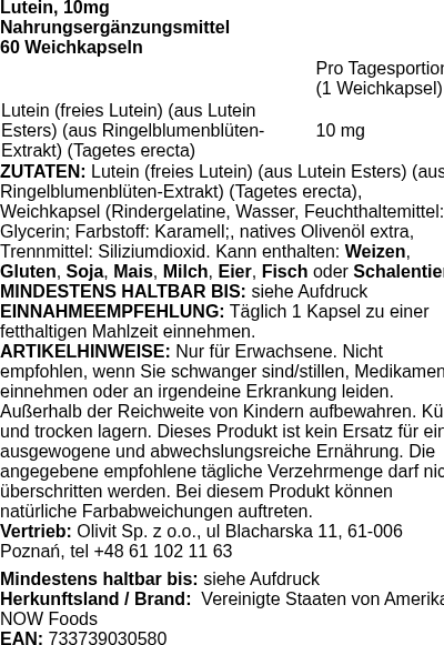 Produktetikett — Lutein, 10mg - 60 softgels (PB 72295)