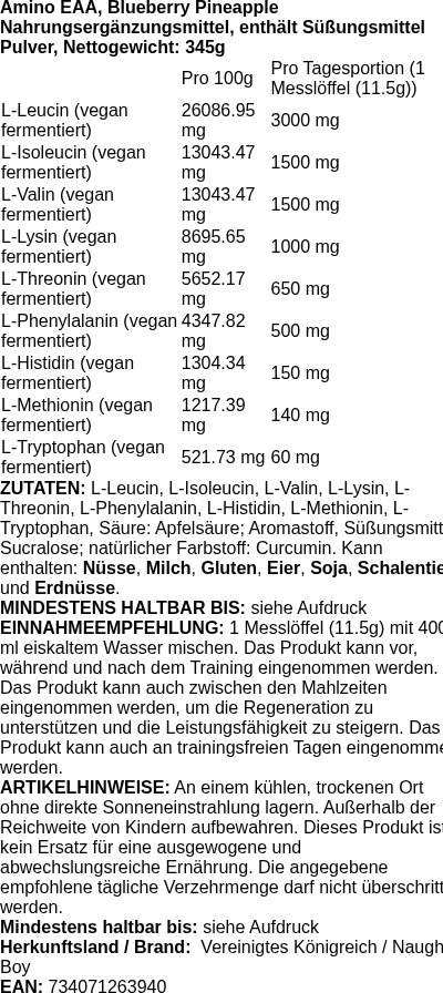 Produktetikett — Amino EAA, Blueberry Pineapple - 345g (PB 123908)
