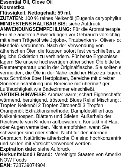 Produktetikett — Essential Oil, Clove Oil - 59 ml. (PB 105229)