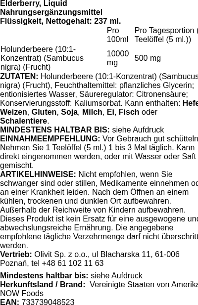 Produktetikett — Elderberry, Liquid - 237 ml. (PB 81072)