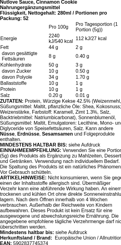Produktetikett — Nutlove Sauce, Cinnamon Cookie - 280 ml. (PB 118645)