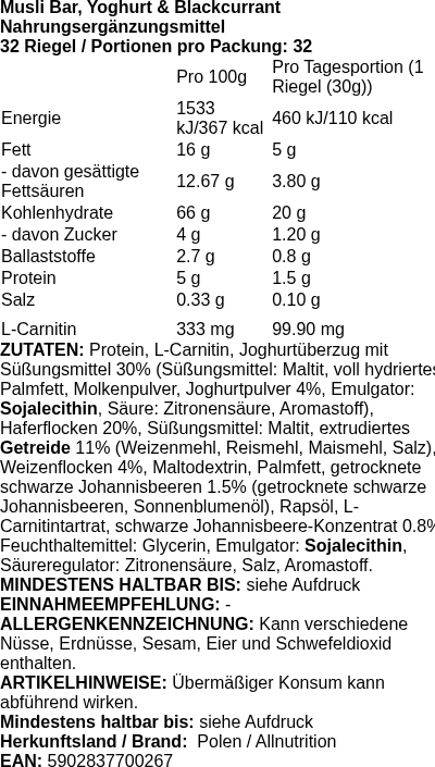 Produktetikett — Muesli Bar + L-Carnitine, Yoghurt & Blackcurrant - 32 bars (PB 83369)