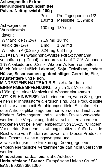 Produktetikett — Ashwagandha Extract - 100g (PB 124980)