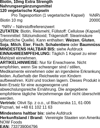Produktetikett — Biotin, 10mg Extra Strength - 120 vcaps (PB 63650)