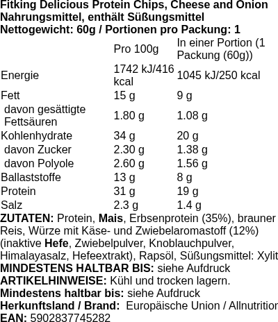 Produktetikett — Fitking Delicious Protein Chips, Cheese and Onion - 60g (PB 117616)