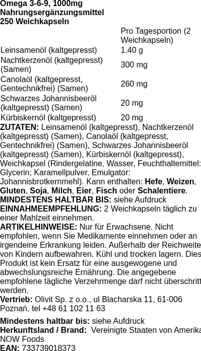 Produktetikett — Omega 3-6-9, 1000mg - 250 softgels (PB 2279)