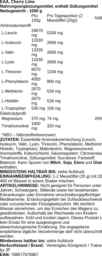 Produktetikett — EAA, Cherry Lime - 1000g (PB 122393)