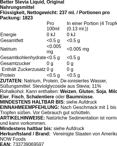 Produktetikett — Better Stevia Liquid, Original - 237 ml. (PB 69533)