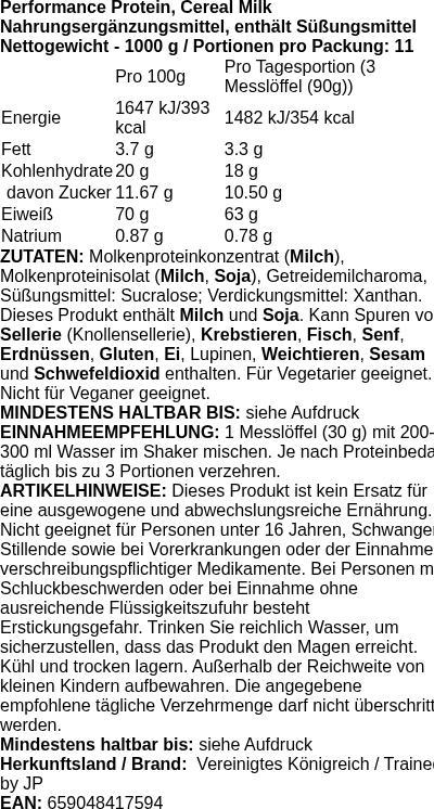 Produktetikett — Performance Protein, Cereal Milk - 1000g (PB 334950)