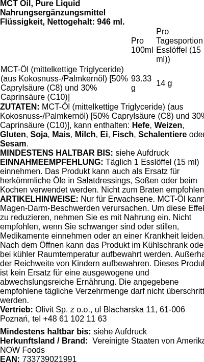 Produktetikett — MCT Oil, Pure Liquid - 946 ml. (PB 69599)