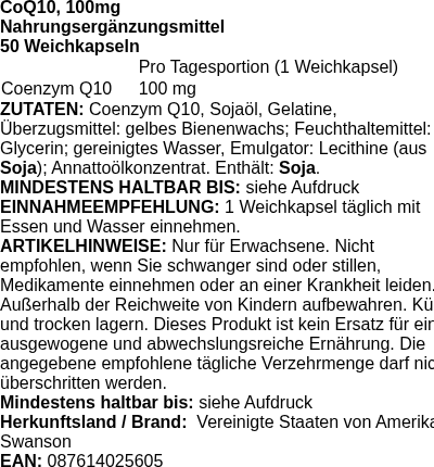 Produktetikett — CoQ10, 100mg - 50 softgels (PB 84656)