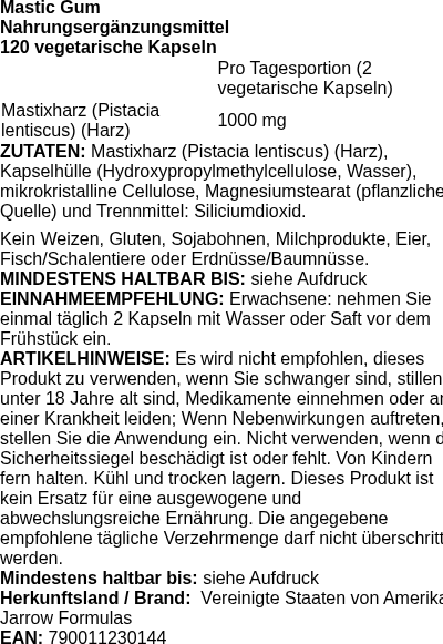 Produktetikett — Mastic Gum - 120 vcaps (PB 90185)