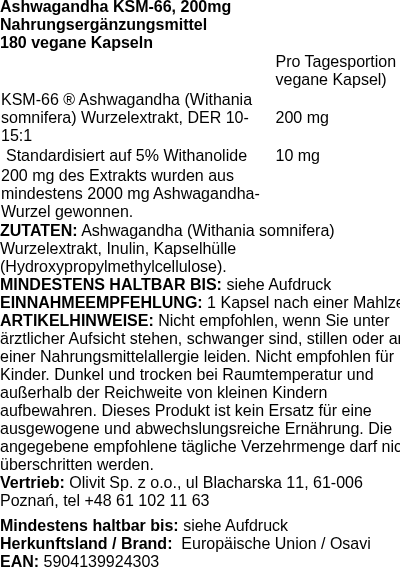 Produktetikett — Ashwagandha KSM-66, 200mg - 180 vegan caps (PB 118200)
