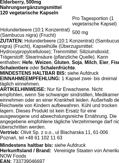 Produktetikett — Elderberry, 500mg - 120 vcaps (PB 105251)