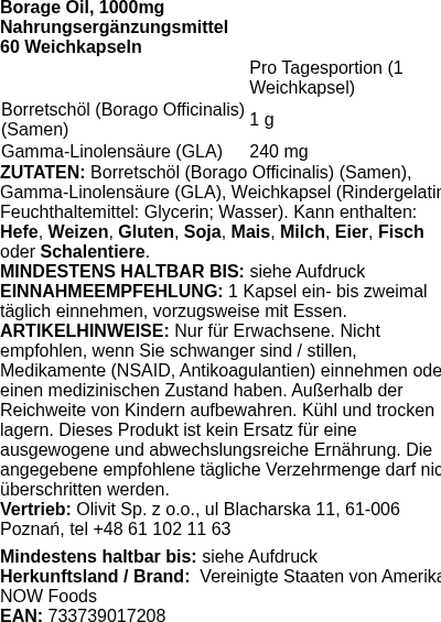 Produktetikett — Borage Oil, 1000mg - 60 softgels (PB 71314)