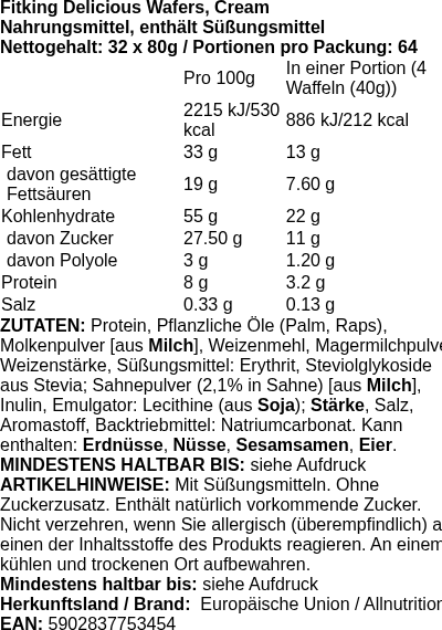 Produktetikett — Fitking Delicious Wafers, Cream - 32 x 80g (PB 121097)