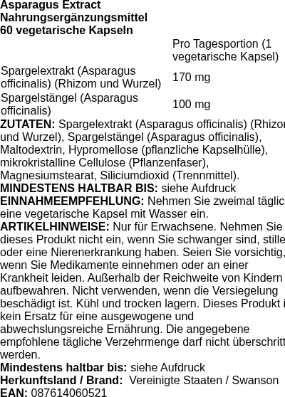 Produktetikett — Asparagus Extract - 60 vcaps (PB 85598)