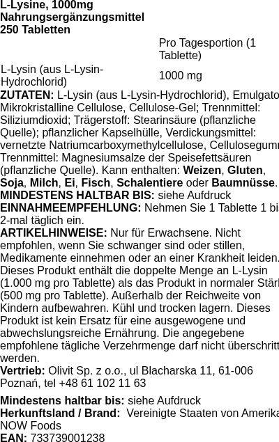 Produktetikett — L-Lysine, 1000mg - 250 tabs (PB 86634)