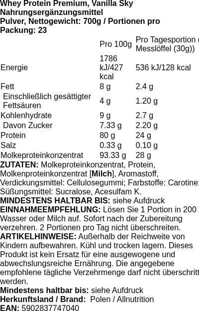 Produktetikett — Whey Protein Premium, Vanilla Sky - 700g (PB 116426)