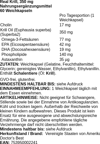 Produktetikett — Real Krill, 350mg - 60 softgels (PB 3416)
