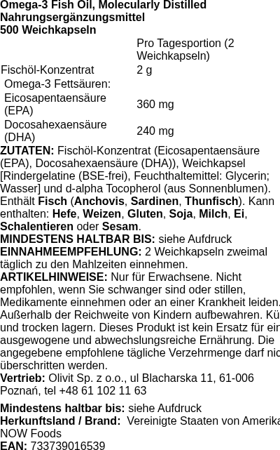 Produktetikett — Omega-3 Fish Oil, Molecularly Distilled - 500 softgels (PB 64304)