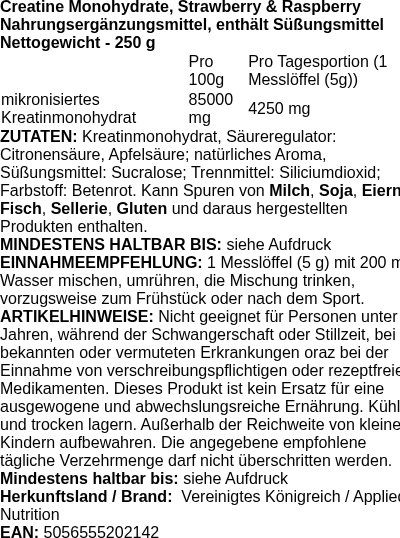 Produktetikett — Creatine Monohydrate, Strawberry & Raspberry - 250g (PB 116941)