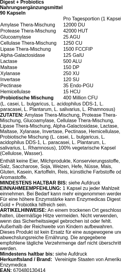 Produktetikett — Digest + Probiotics - 90 caps (PB 100182)