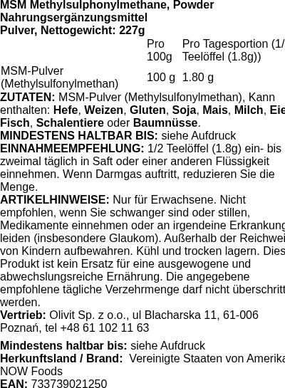 Produktetikett — MSM Methylsulphonylmethane, Powder - 227g (PB 72305)
