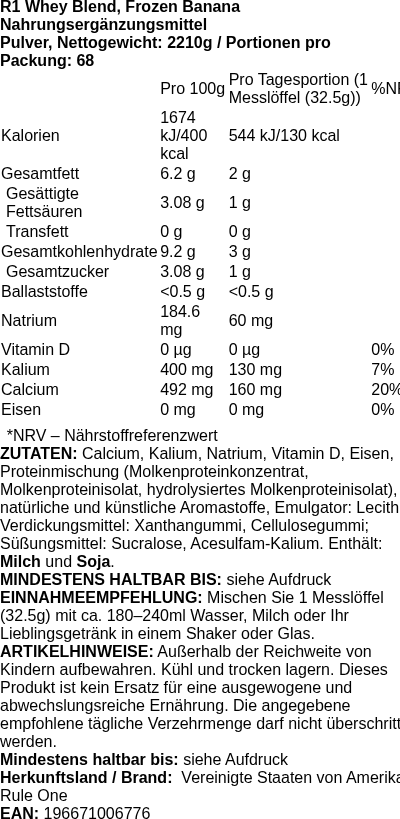 Produktetikett — R1 Whey Blend, Frozen Banana - 2210g (PB 114005)